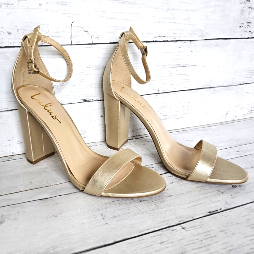Lulus Dressy Taylor Metallic Champagne Gold Block Ankle Strap Chunky Heels - Picture 1 of 11